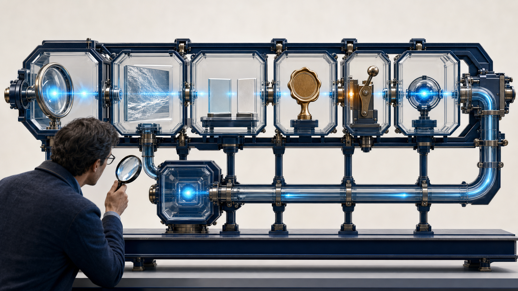 A human auditor examines a visible chain connecting campaign evidence, testing, approval, deployment, monitoring, and rollback stages.