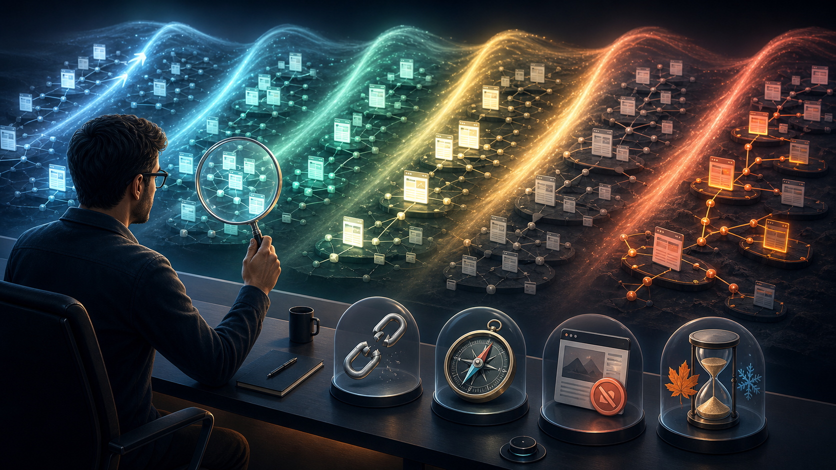 An analyst examines interconnected clusters of web pages as four waves pass through them and some pages brighten or dim.