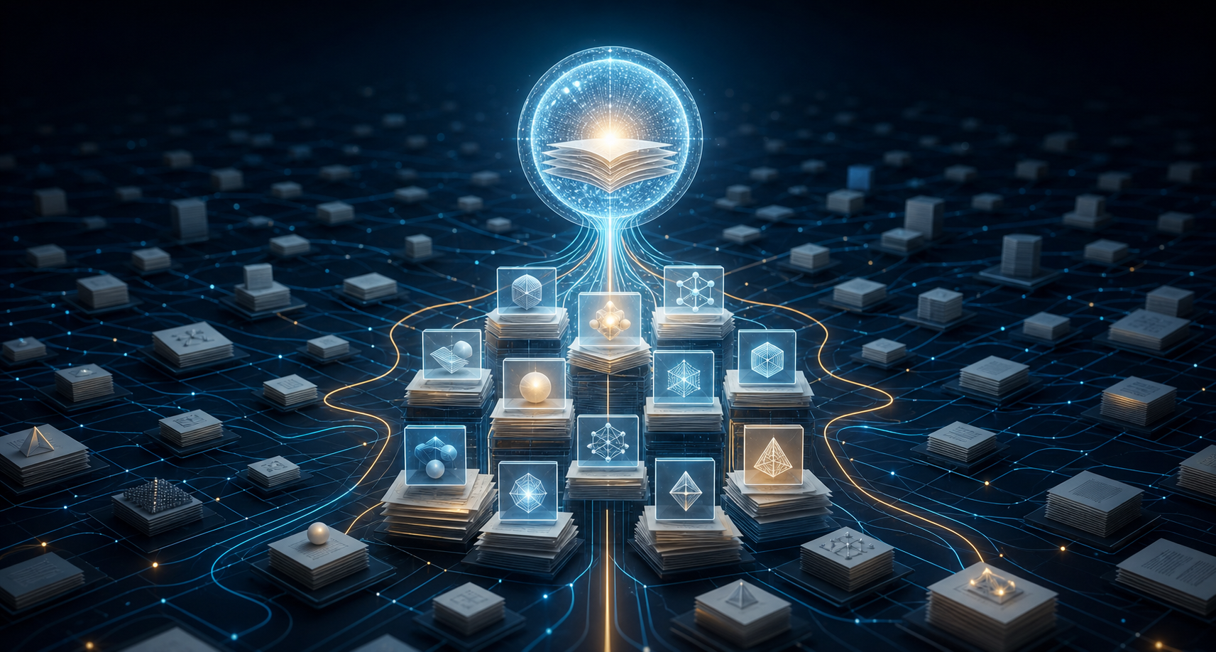 Glowing content modules travel through a dark digital knowledge field into a central conversational answer orb.