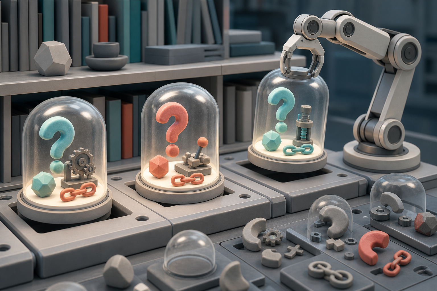 A robotic arm selects illuminated capsules containing complete sets of connected information from a modular workbench.