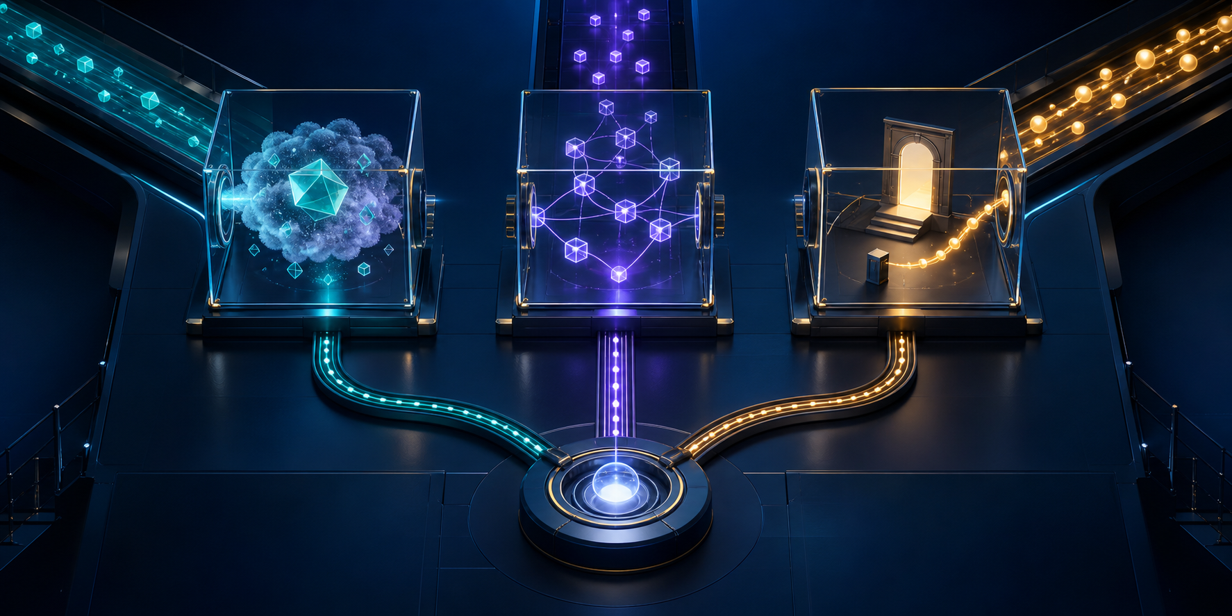 Three illuminated channels separately inspect answer presence, source connections, and a path to a completed business action.