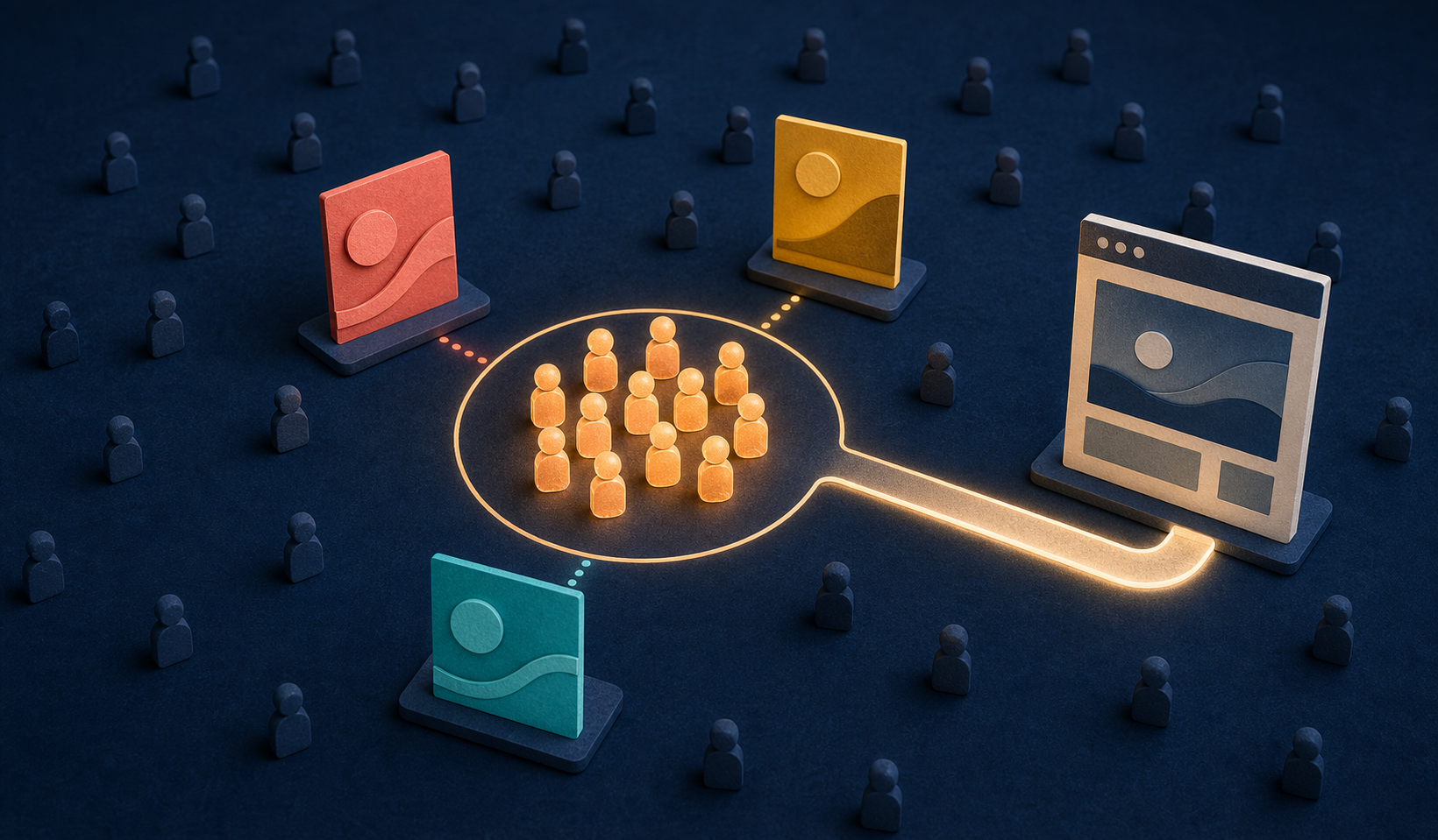 A focused cluster of glowing audience tokens is surrounded by three ad cards and connected to a landing-page frame.