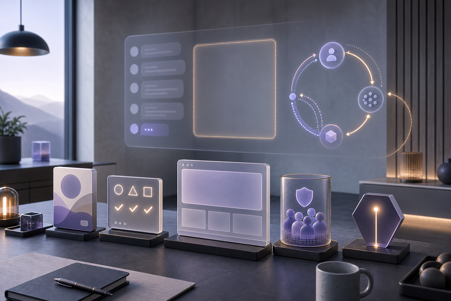 Unlabeled campaign assets are arranged toward an empty translucent AI conversation panel beside a glowing remarketing loop.