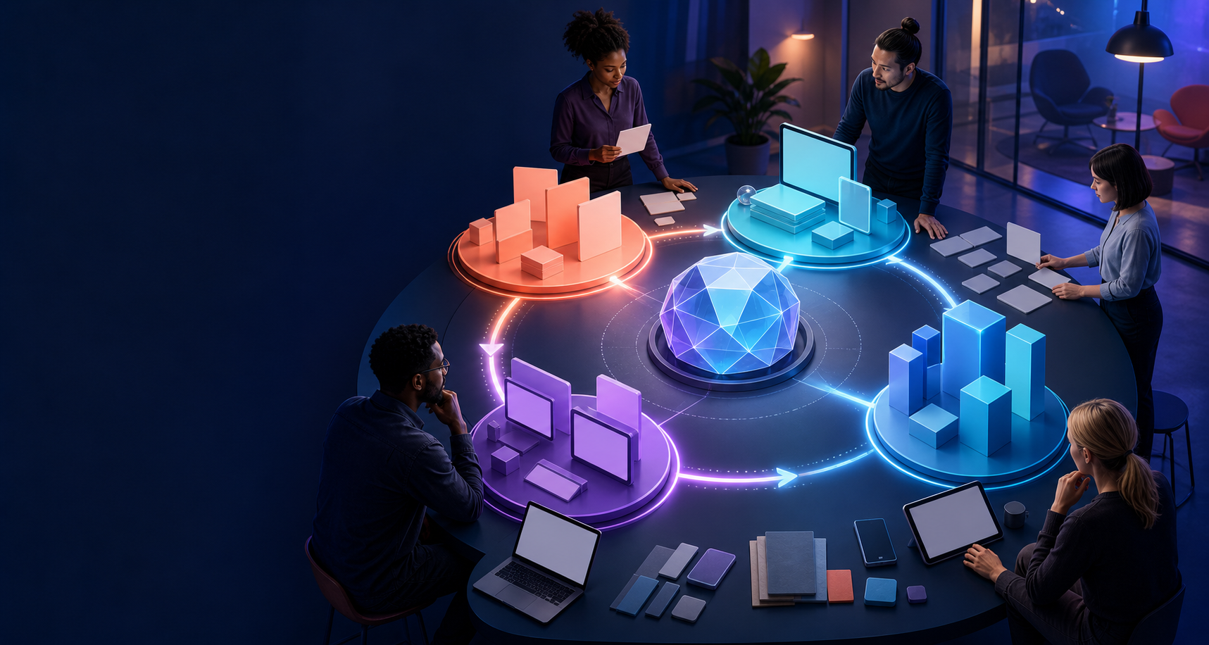 A team works around a circular system connecting buyer research, search discovery, digital experiences, and business outcomes.