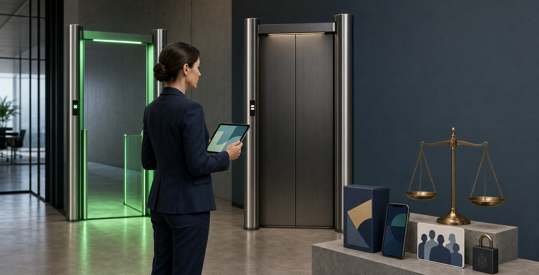 A marketer stands between an open green gate and a second closed gate beside a balance scale and campaign materials.