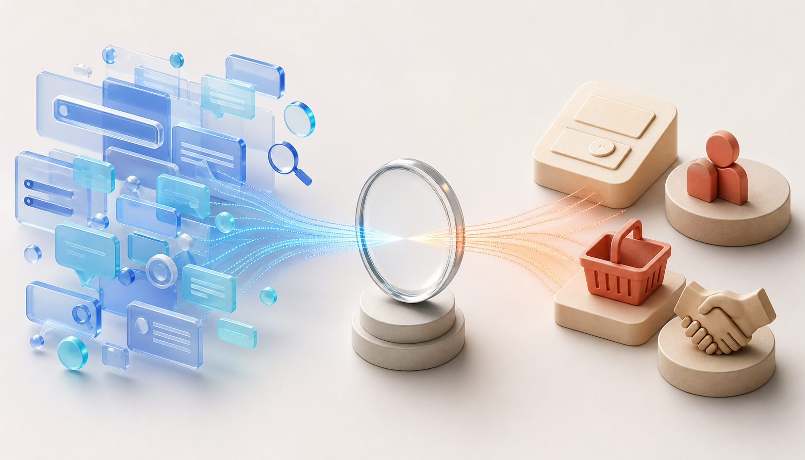 Two visual streams representing search visibility and business outcomes converge at a central analysis lens.