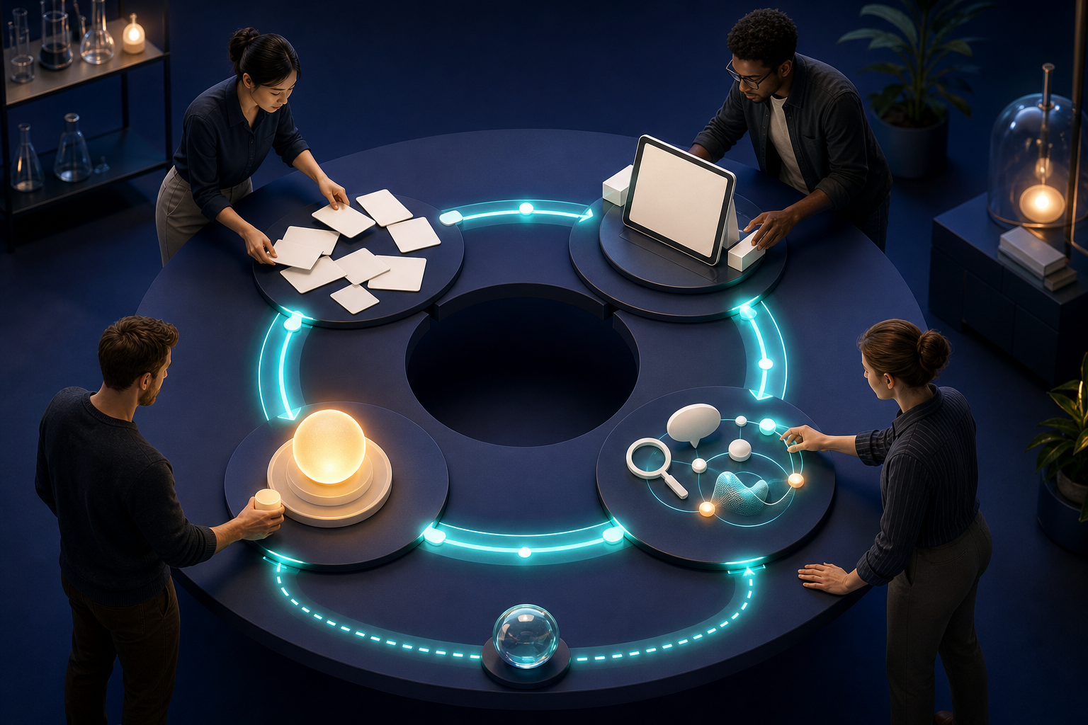 A cross-functional team moves blank cards and prototypes around a circular test-and-measure workflow.
