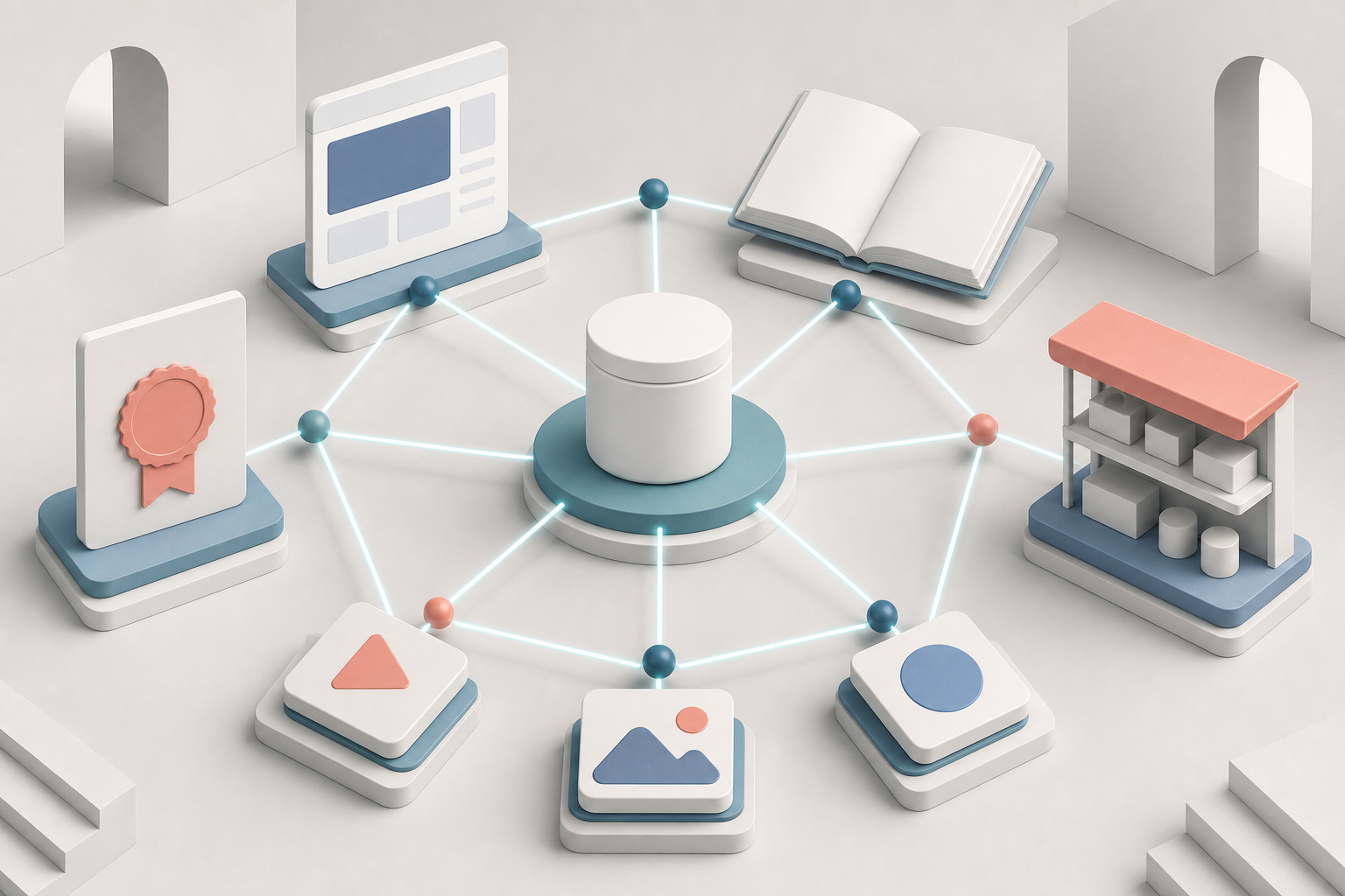 An unbranded product is connected to webpage, reference, document, retail, and media symbols in a unified evidence network.