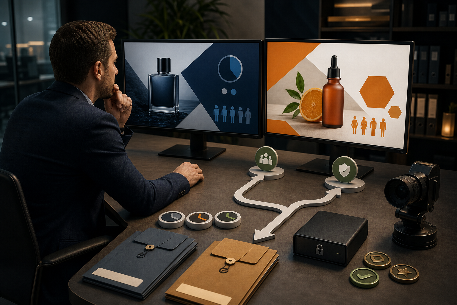 A campaign manager compares two altered ad versions beside organized folders, approval tokens, and a locked evidence archive.