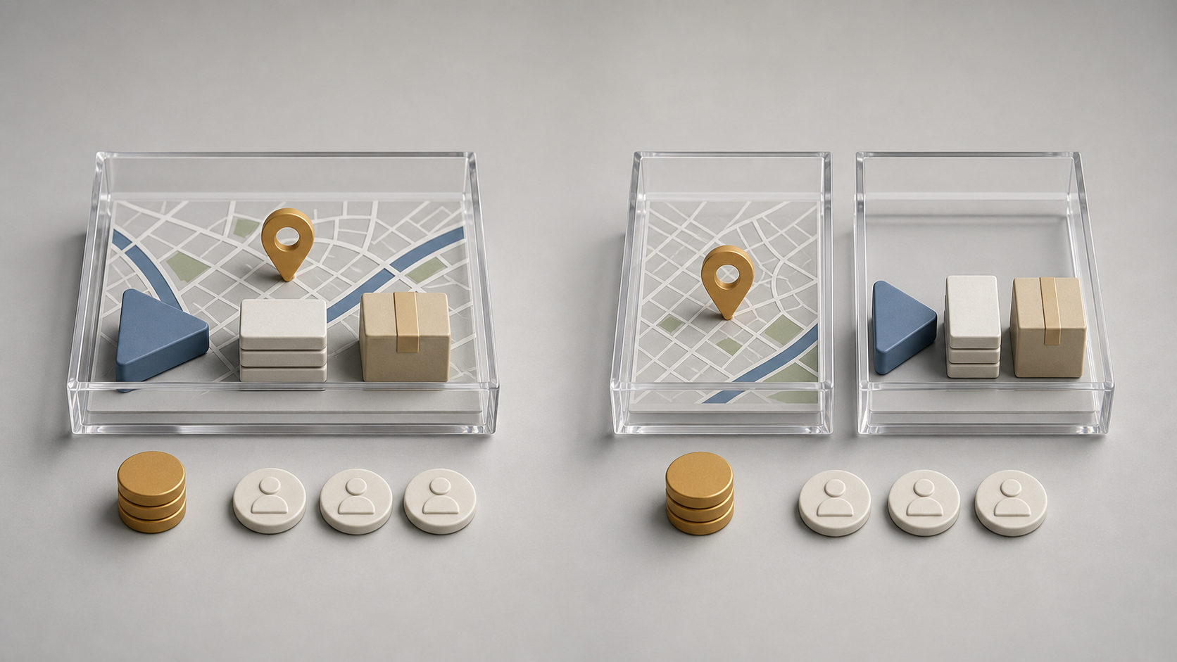 Two miniature campaign setups compare a mixed-channel container with a separate map-only container using matching budget and conversion tokens.