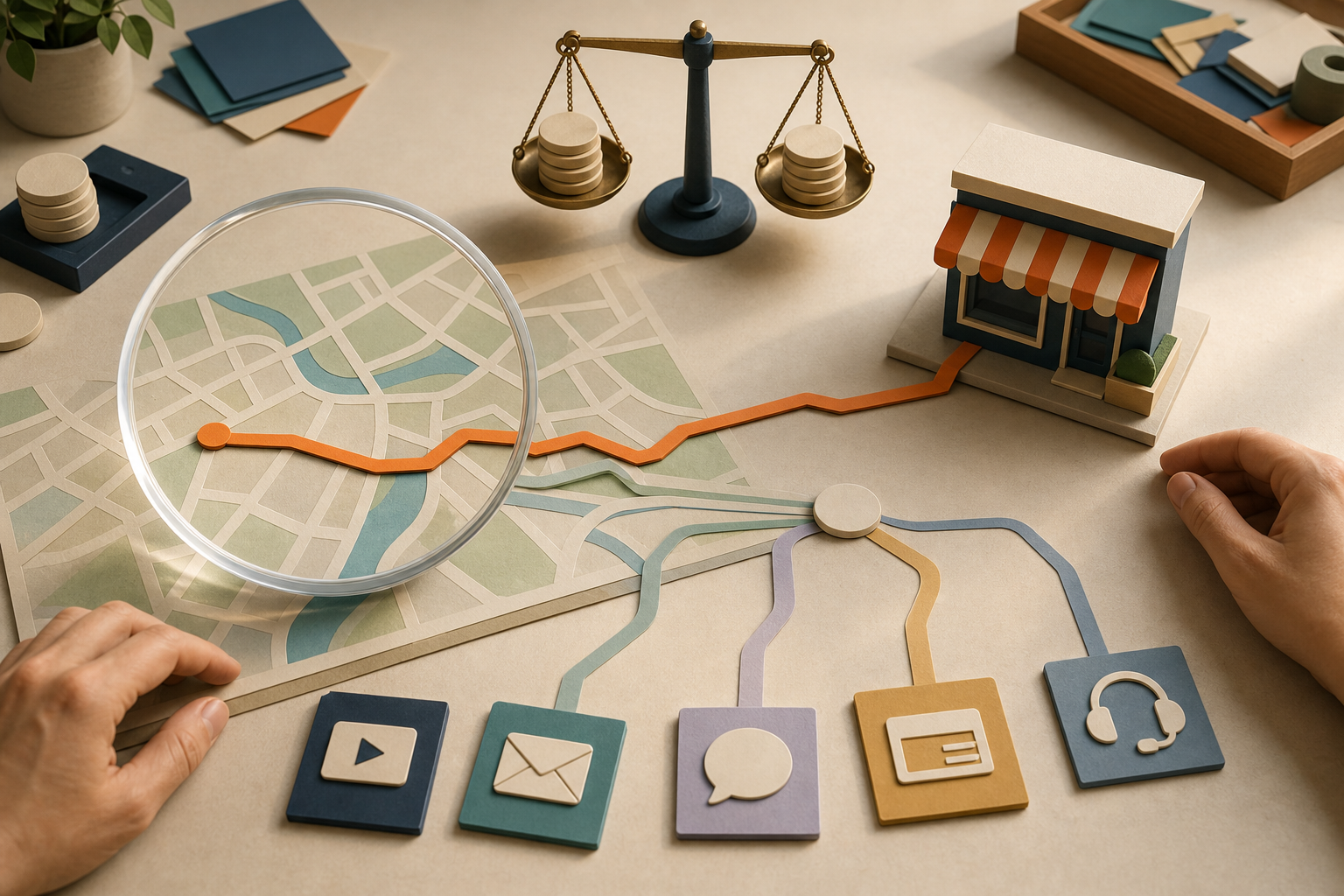 A magnifying lens highlights one route from an unbranded neighborhood map to a storefront while other media pathways converge on a conversion marker.