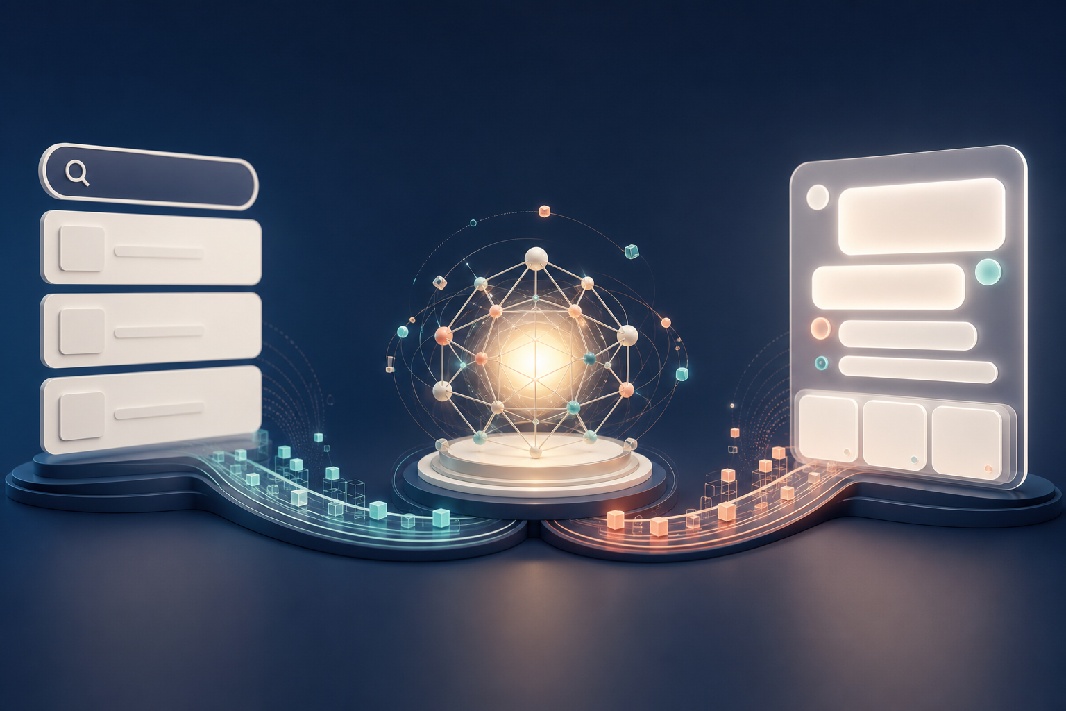 A central content hub connects to abstract search results on one side and an AI answer interface with citation tiles on the other.