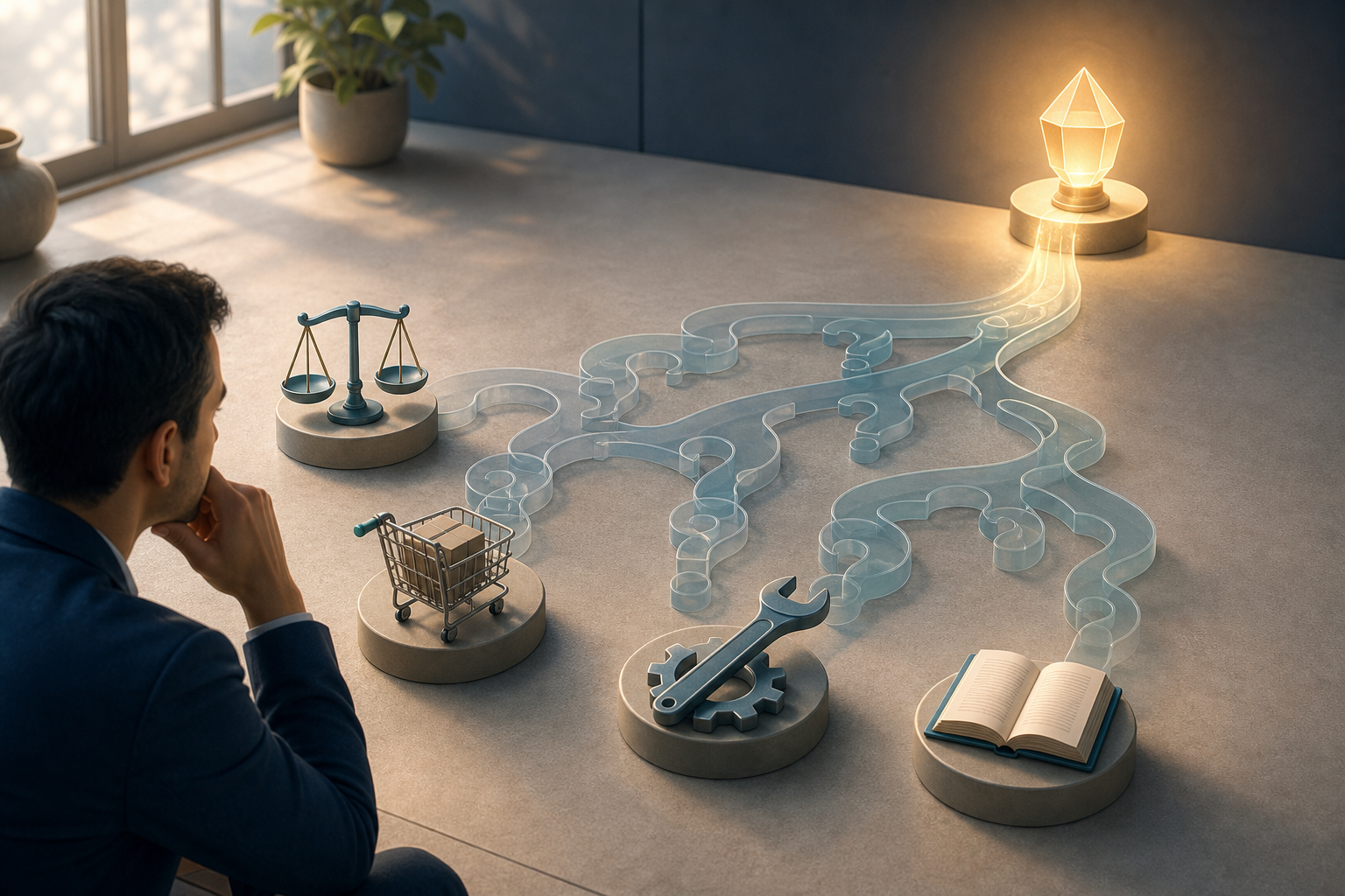 A professional considers several symbolic options as branching paths narrow toward one illuminated solution.