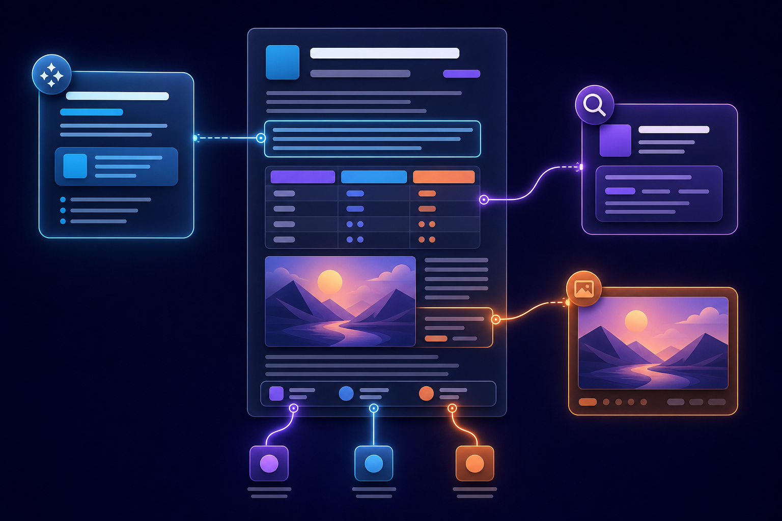 Structured content blocks lift from a complete web page into abstract search, AI answer, and image preview panels while remaining connected to their source.