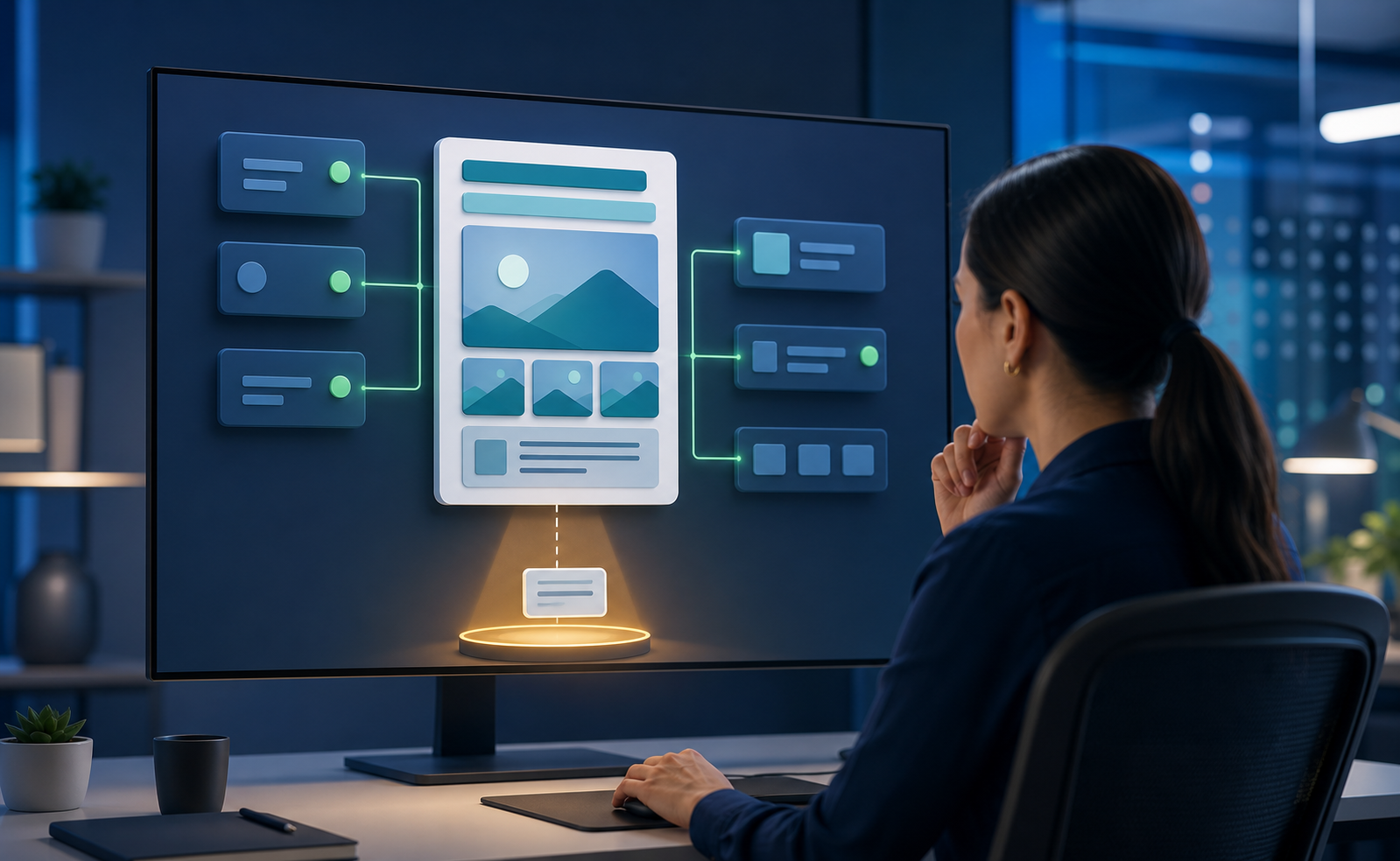A campaign specialist examines a modular digital ad whose individual creative components display separate review indicators.