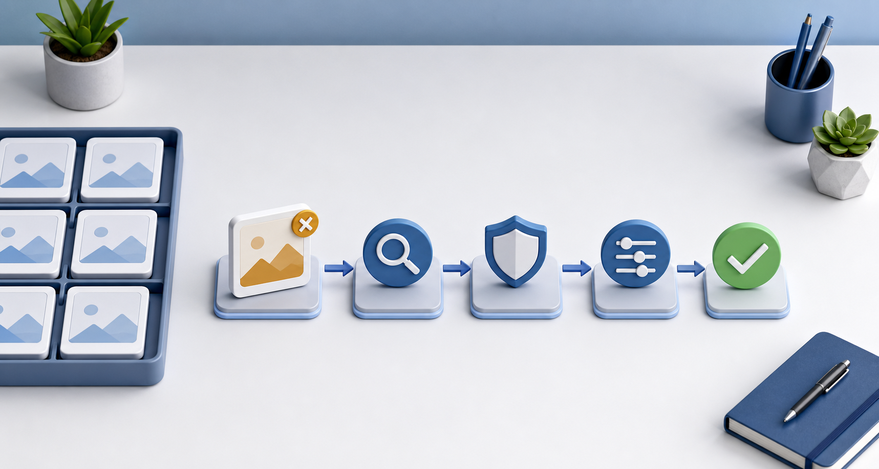 An isolated ad component moves through symbolic diagnosis, policy review, correction, and verification steps while compliant components remain untouched.