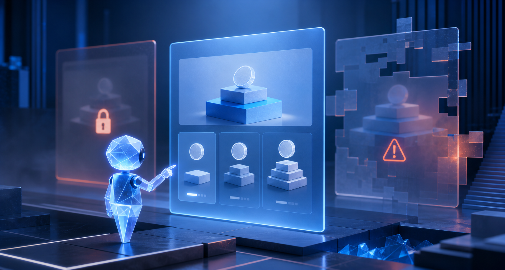 A geometric AI assistant faces layered website panels where pricing symbols are visible on one panel but obscured behind a modal and fragmented elements on others.