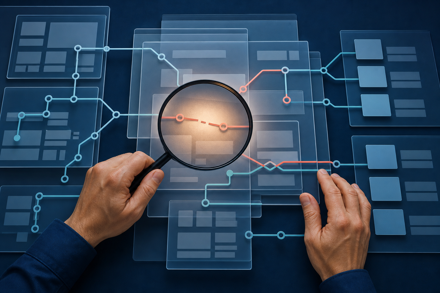 Hands examine layered website pages and crawl paths with a magnifying lens, revealing a broken route and conflicting signal.