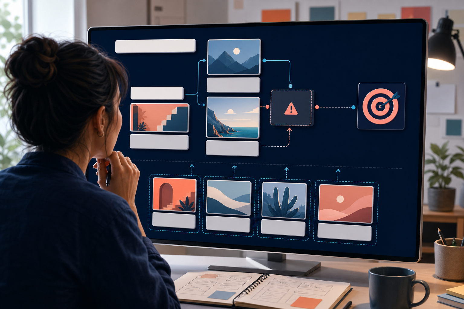 A strategist reviews active and inactive ad components, with a visible gap in the remaining creative message pathway.
