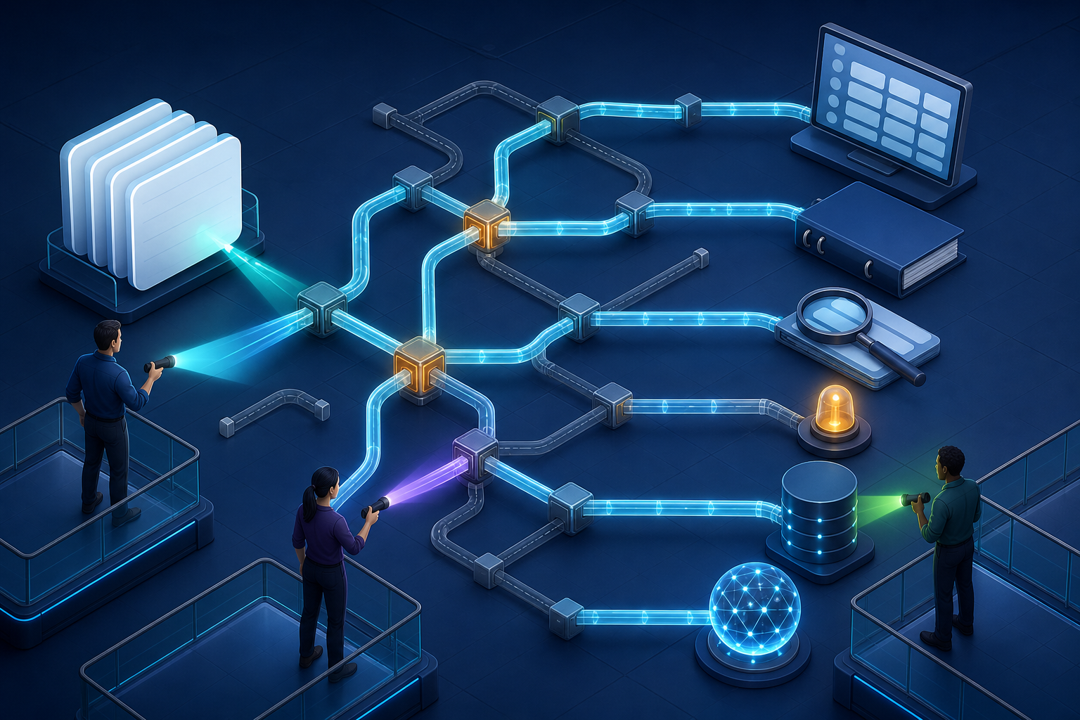 Analysts trace branching data connections from a generic search-results source to rank tracking, reports, research, storage, alerts, and AI monitoring tools.