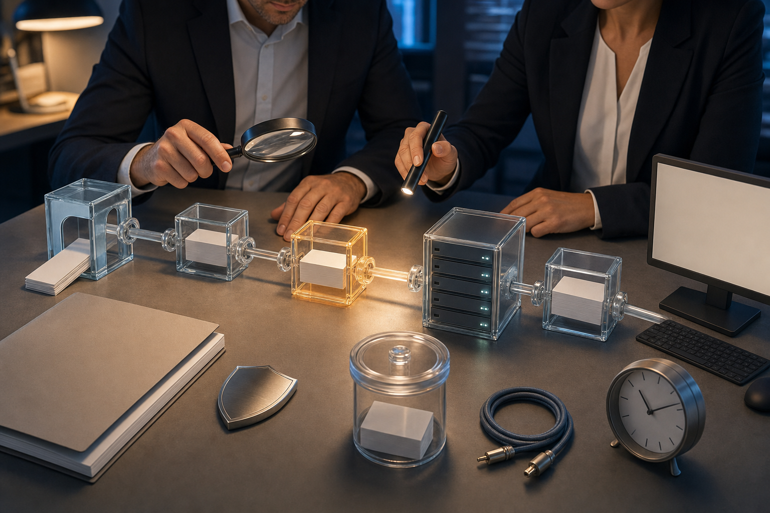 Two reviewers inspect a transparent data chain linking generic web collection, a vendor server, and an analytics workstation beside blank compliance documents.