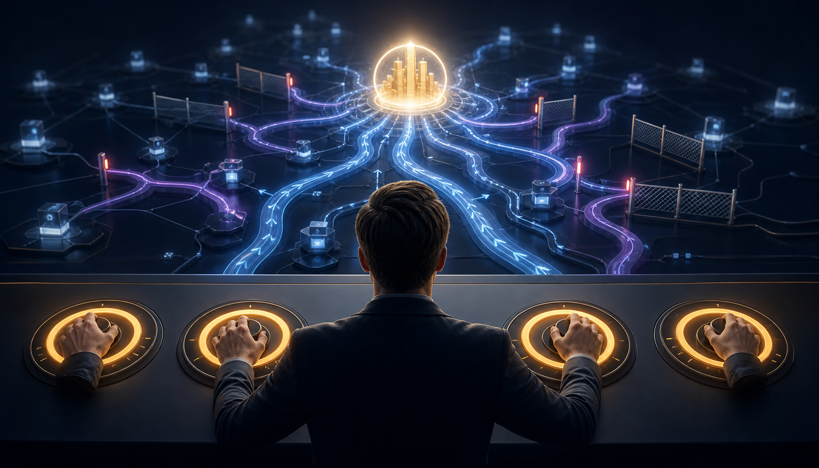 A strategist operates illuminated control rings that guide and restrict a branching digital advertising network.