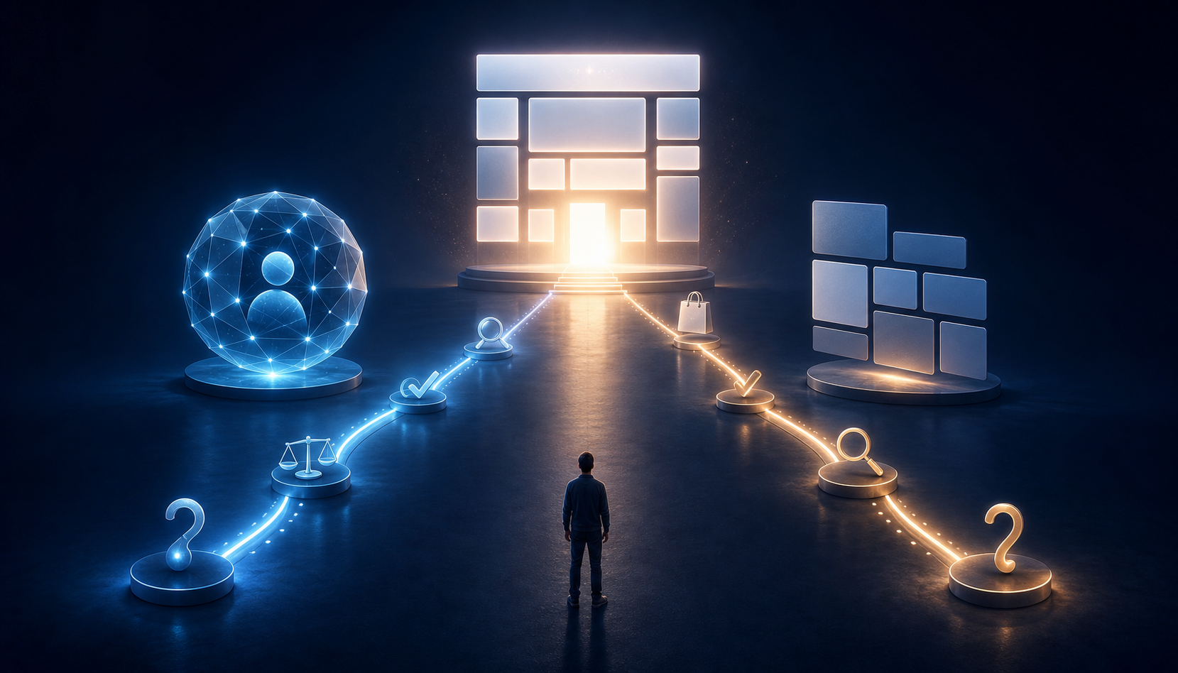 A buyer follows AI-assisted and conventional search paths that converge on the same structured website destination.