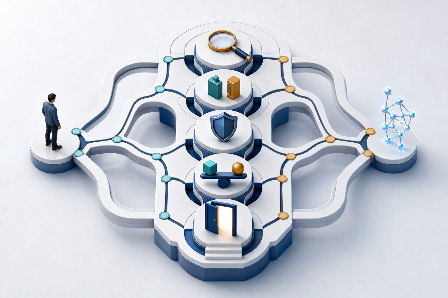 A human and an abstract AI system follow connected paths through the same modular information hub.
