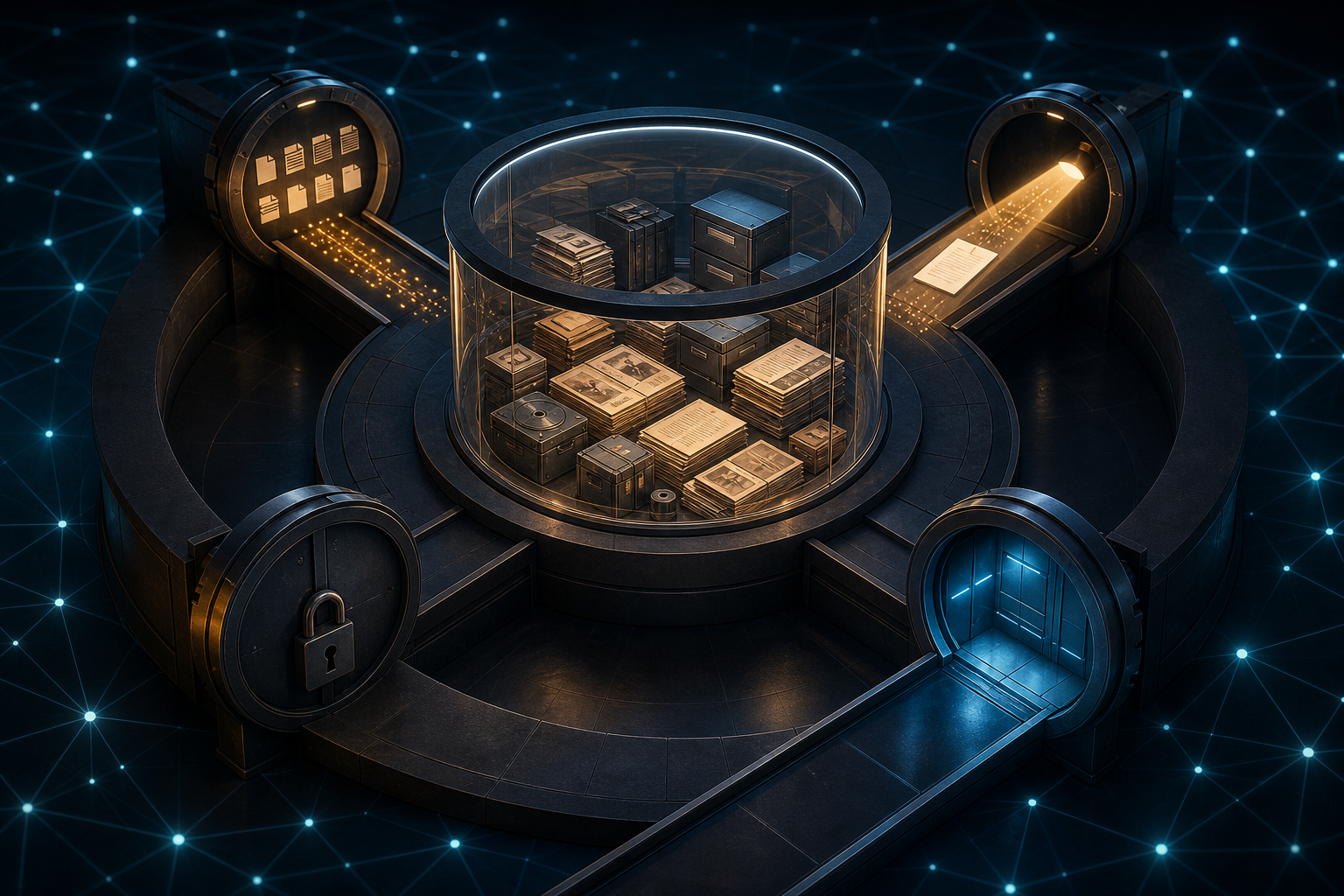 A protected circular archive connects to an illuminated digital network through several differently controlled gateways.