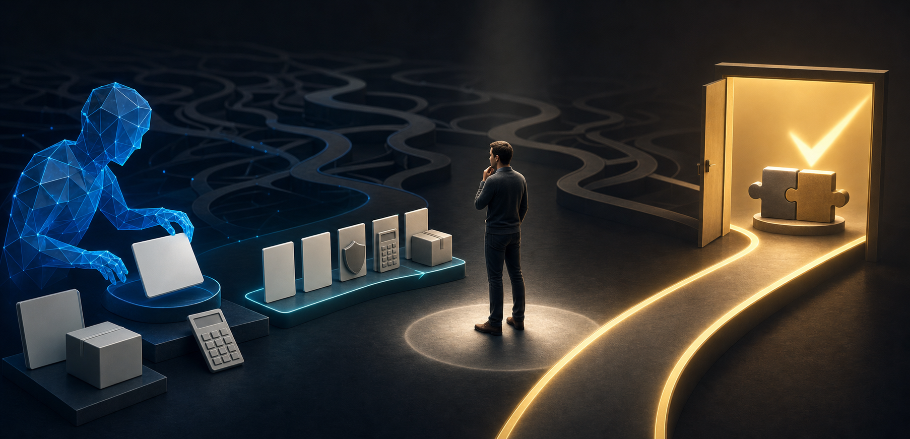 An AI guide organizes evidence for a customer beside a clear illuminated path from evaluation to action.