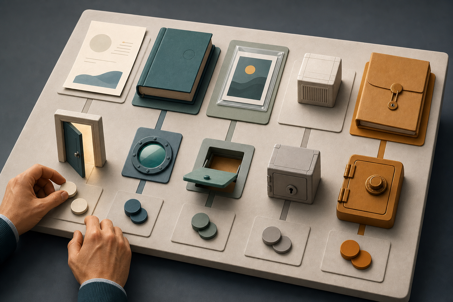 Hands arrange different content assets beside separate open, limited, and locked access mechanisms on a planning table.