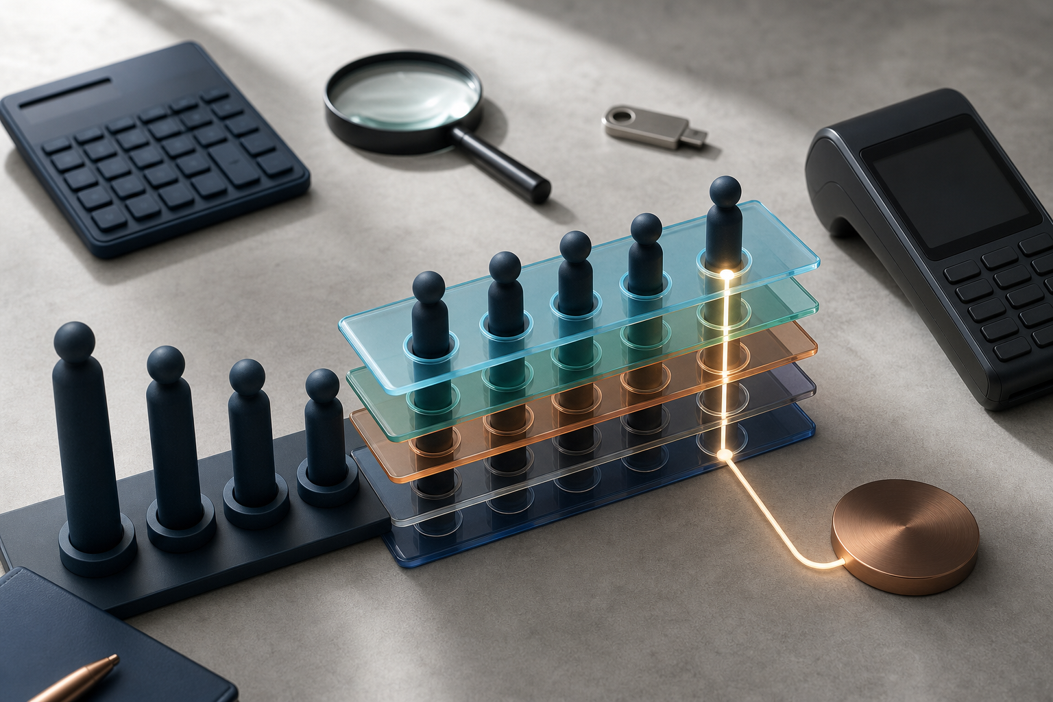 Abstract agency candidate tokens are reordered across transparent evaluation layers on a procurement table with fintech and security objects.