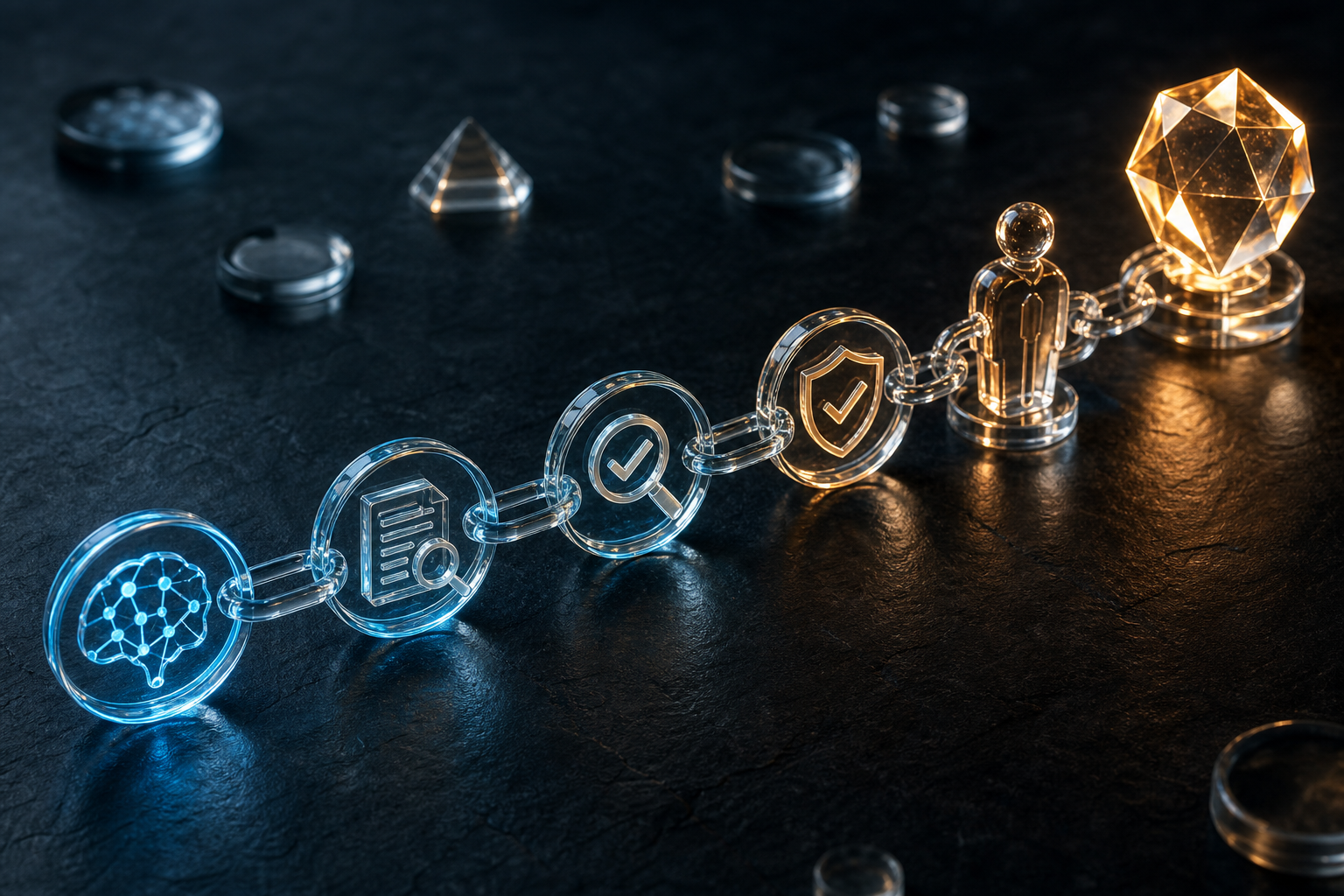 Transparent links connect discovery, source verification, analytics, approval, buyer, and revenue symbols on a dark tabletop.