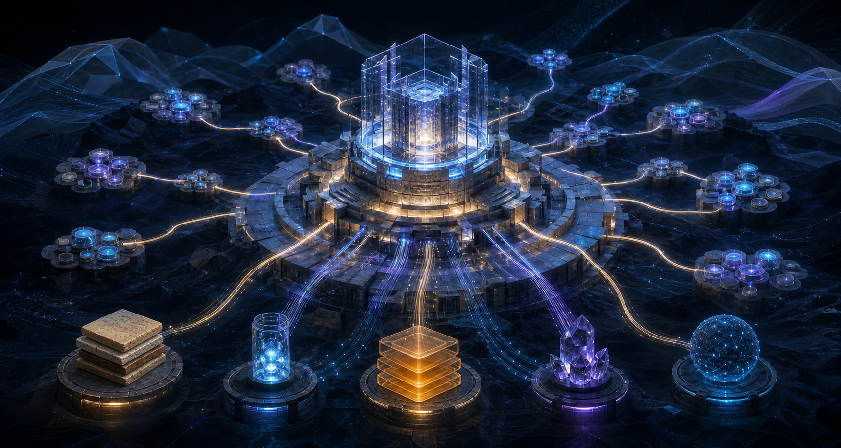 A luminous central knowledge hub connects to branching nodes and source objects while translucent waves move across the surrounding digital landscape.