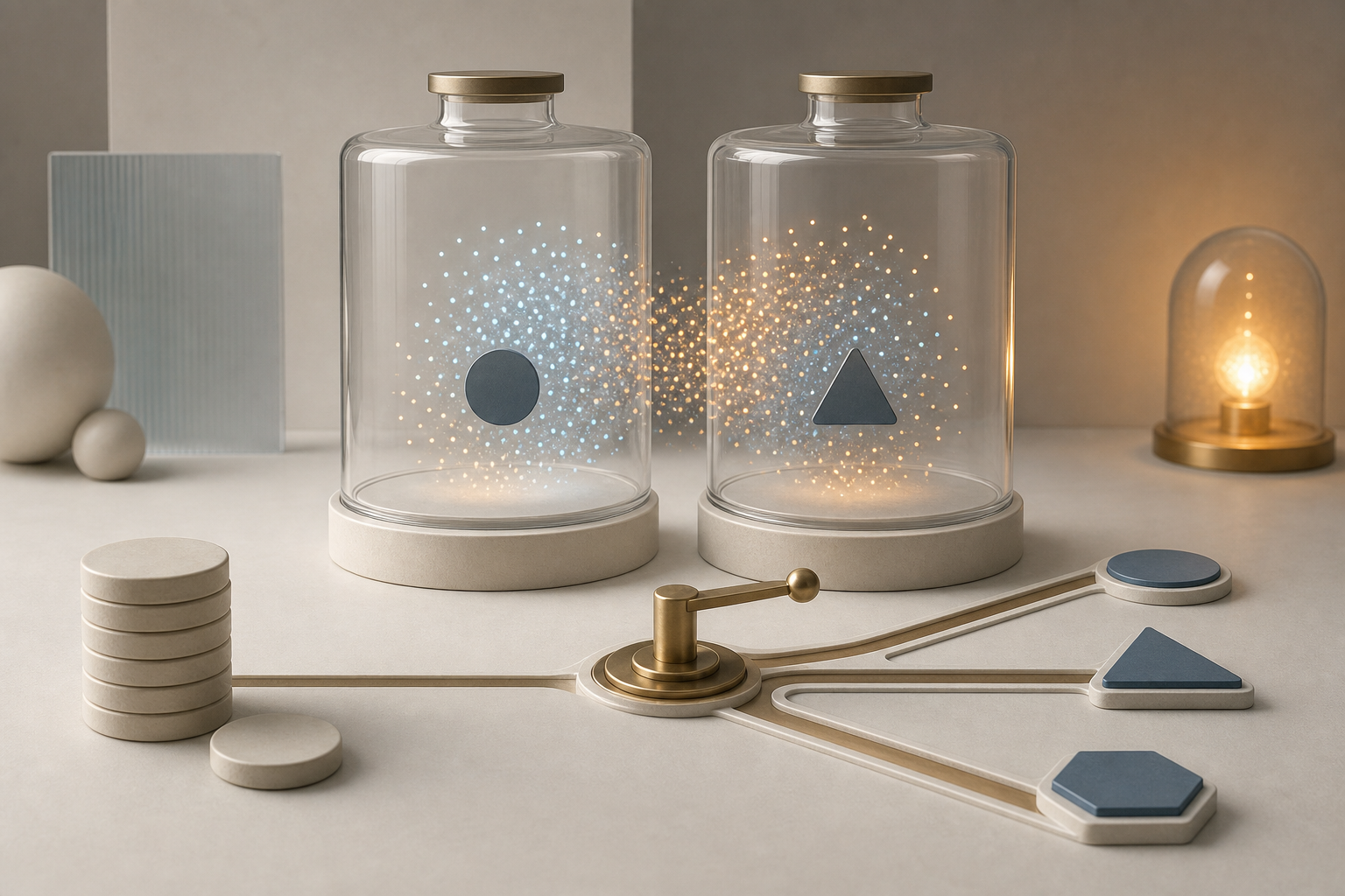 Two transparent experiment chambers contain overlapping particle clouds beside budget tokens and a three-way decision lever.