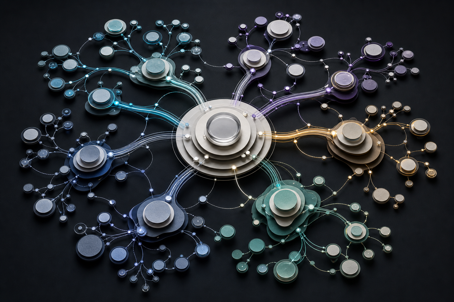 An abstract knowledge core branches into multiple interconnected clusters of smaller nodes in an overhead view.