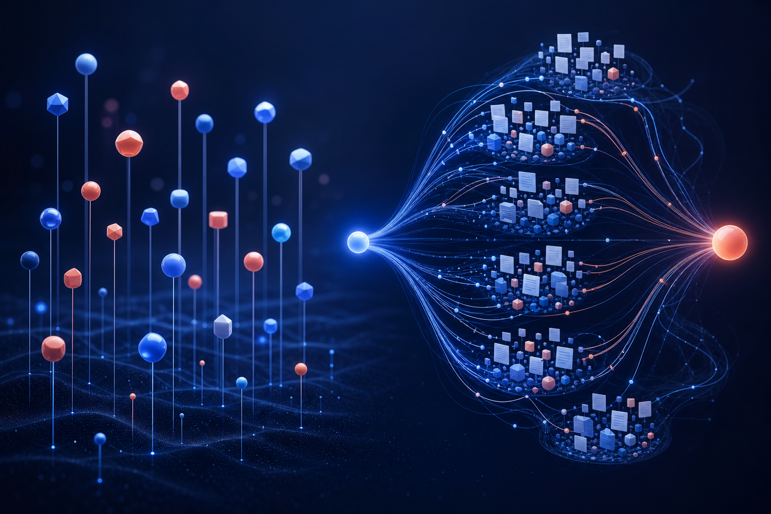 Abstract visibility markers appear beside a branching query network that gathers multiple sources and converges on one AI-generated answer.