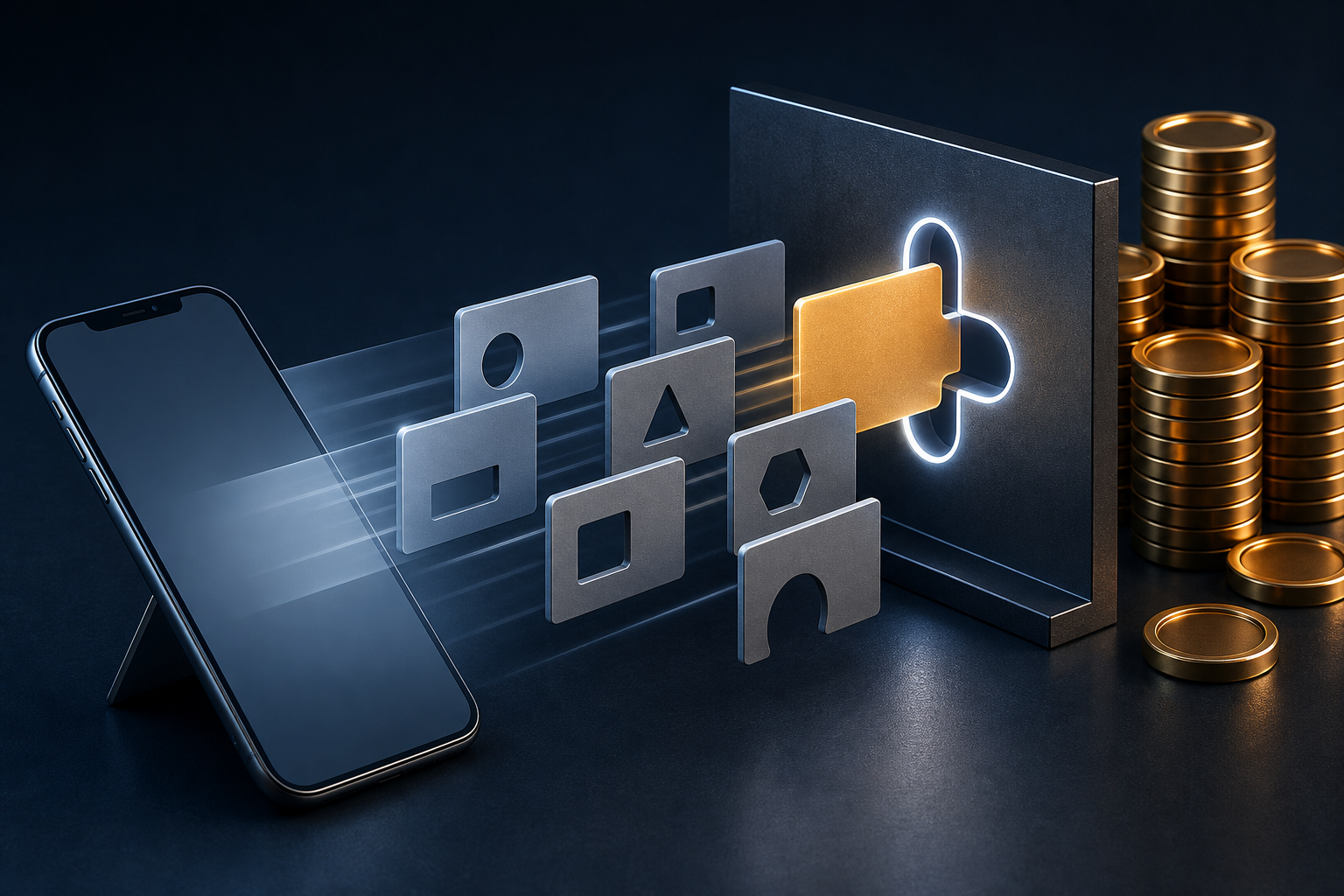 An unbranded smartphone projects content cards toward a gate that admits one matching card while mismatched cards and bidding tokens remain outside.