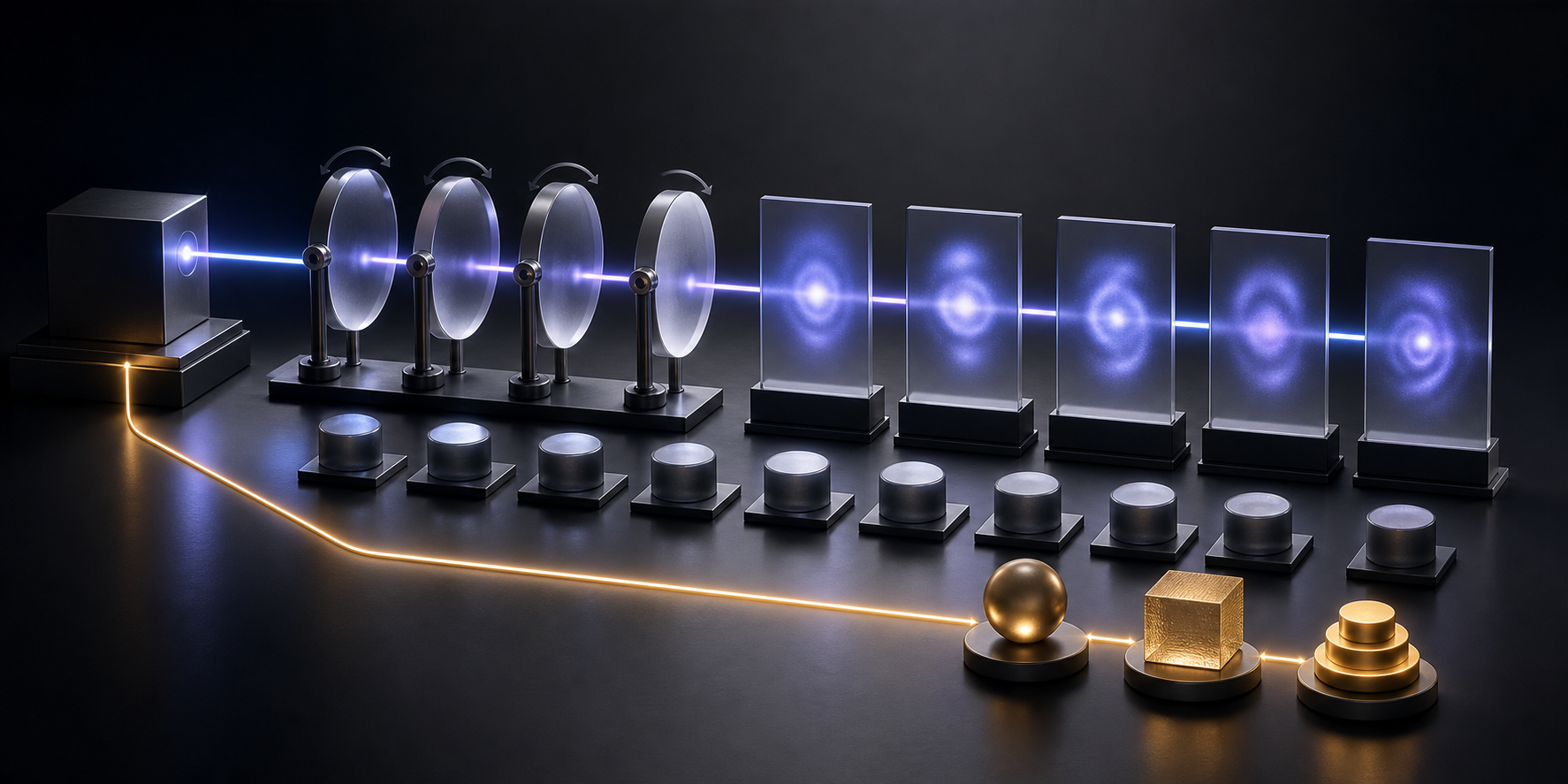 A beam passes through rotating translucent lenses to create different light patterns on blank observation panels beside a separate golden outcome path.