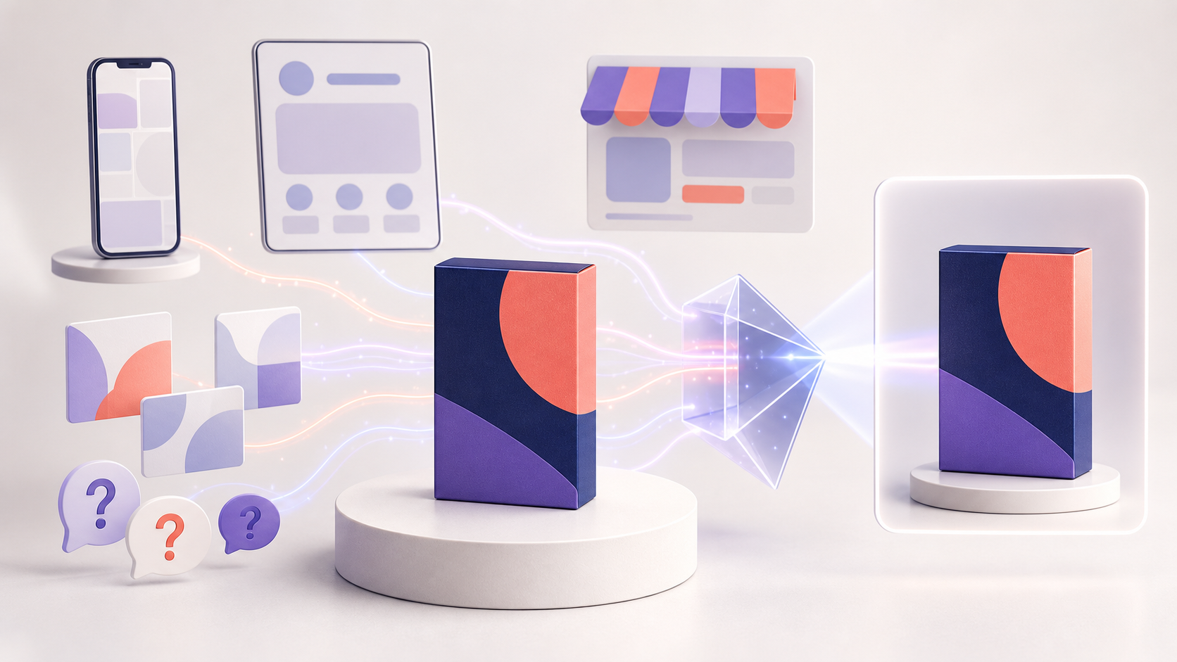 A fictional product, social content panels and profile cards connect through glowing lines to a translucent AI prism that produces one clear representation of the product.