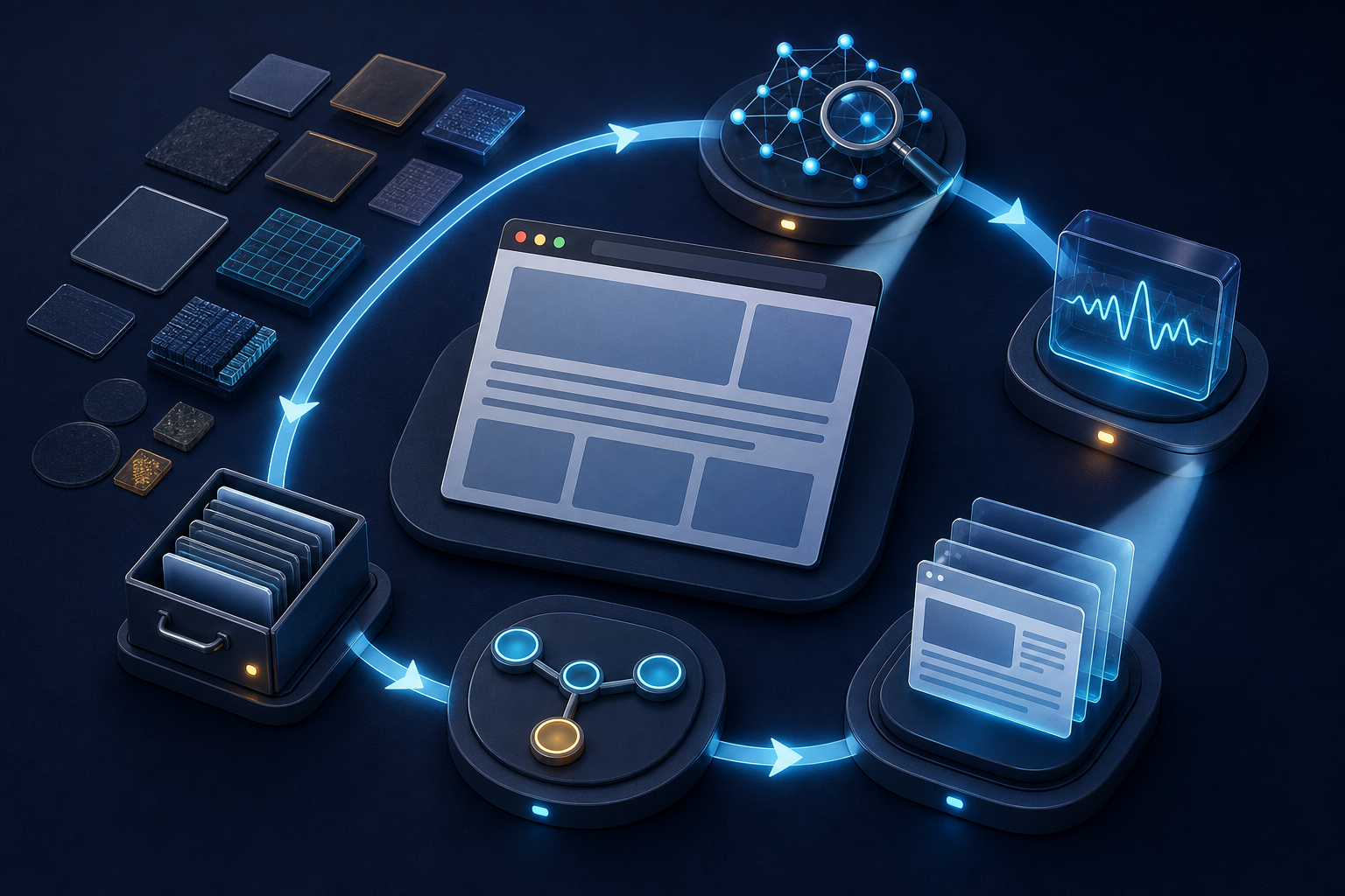 An abstract webpage is examined on a digital workbench beside link, server, rendering, selection, and archive components arranged in sequence.