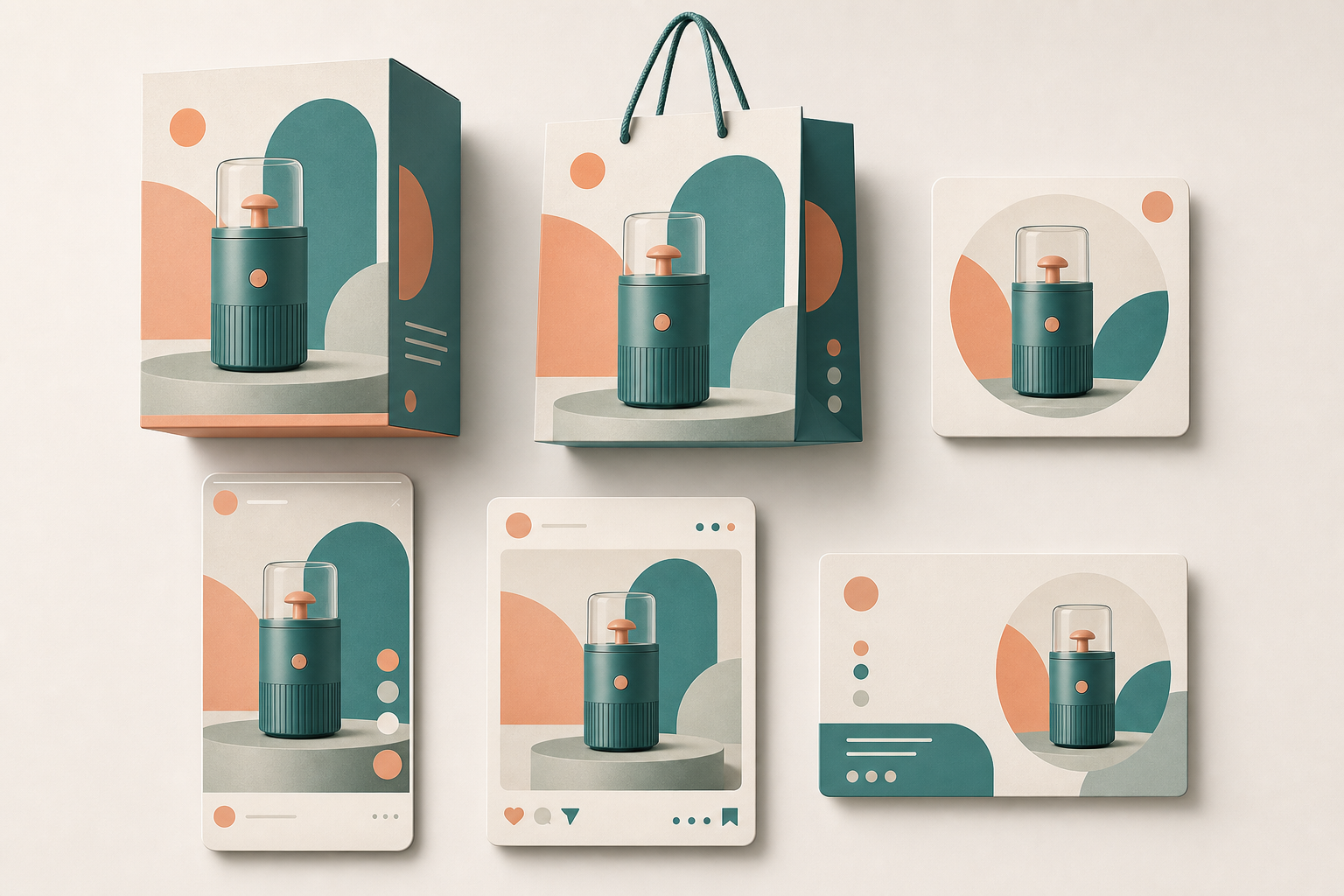 A coordinated product box, bag and several blank social media content frames share the same teal-and-apricot geometric design.