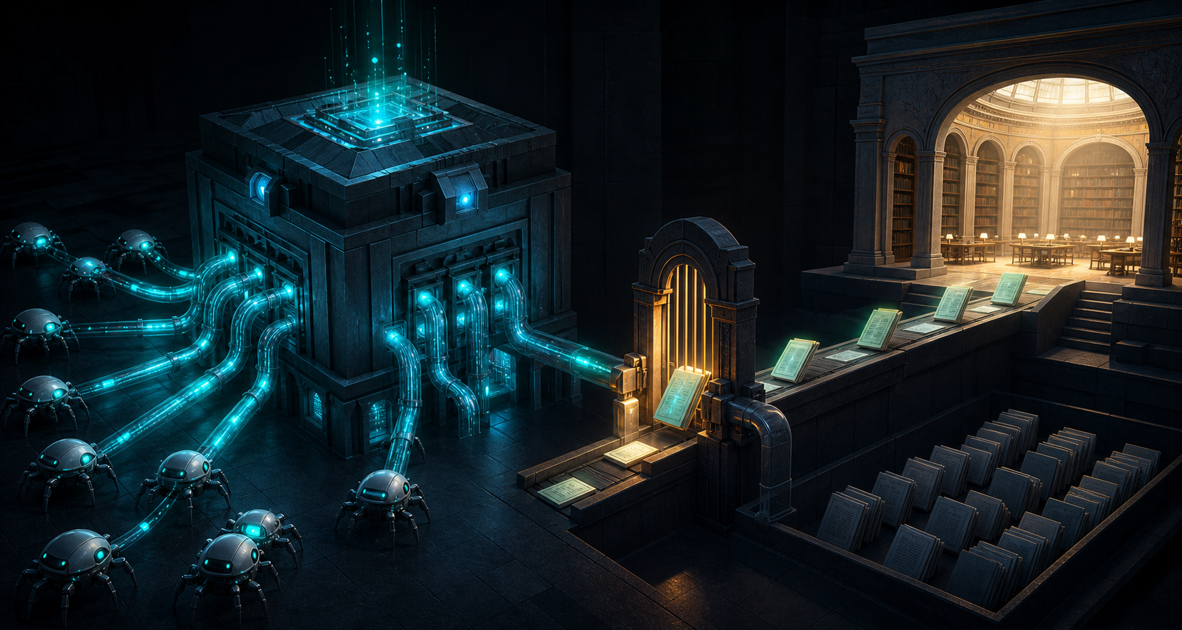 Robotic crawlers send signals into a website structure while a separate gate allows only a few page tiles into an illuminated library.