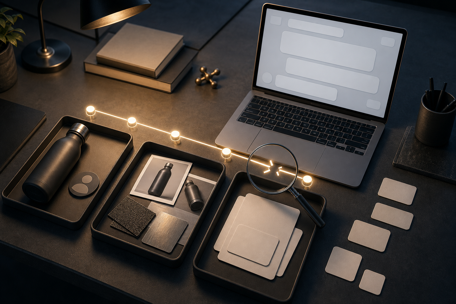 A laptop with a blank conversational interface sits beside organized brand evidence trays, while a magnifying glass highlights a broken connection in a chain of glowing nodes.