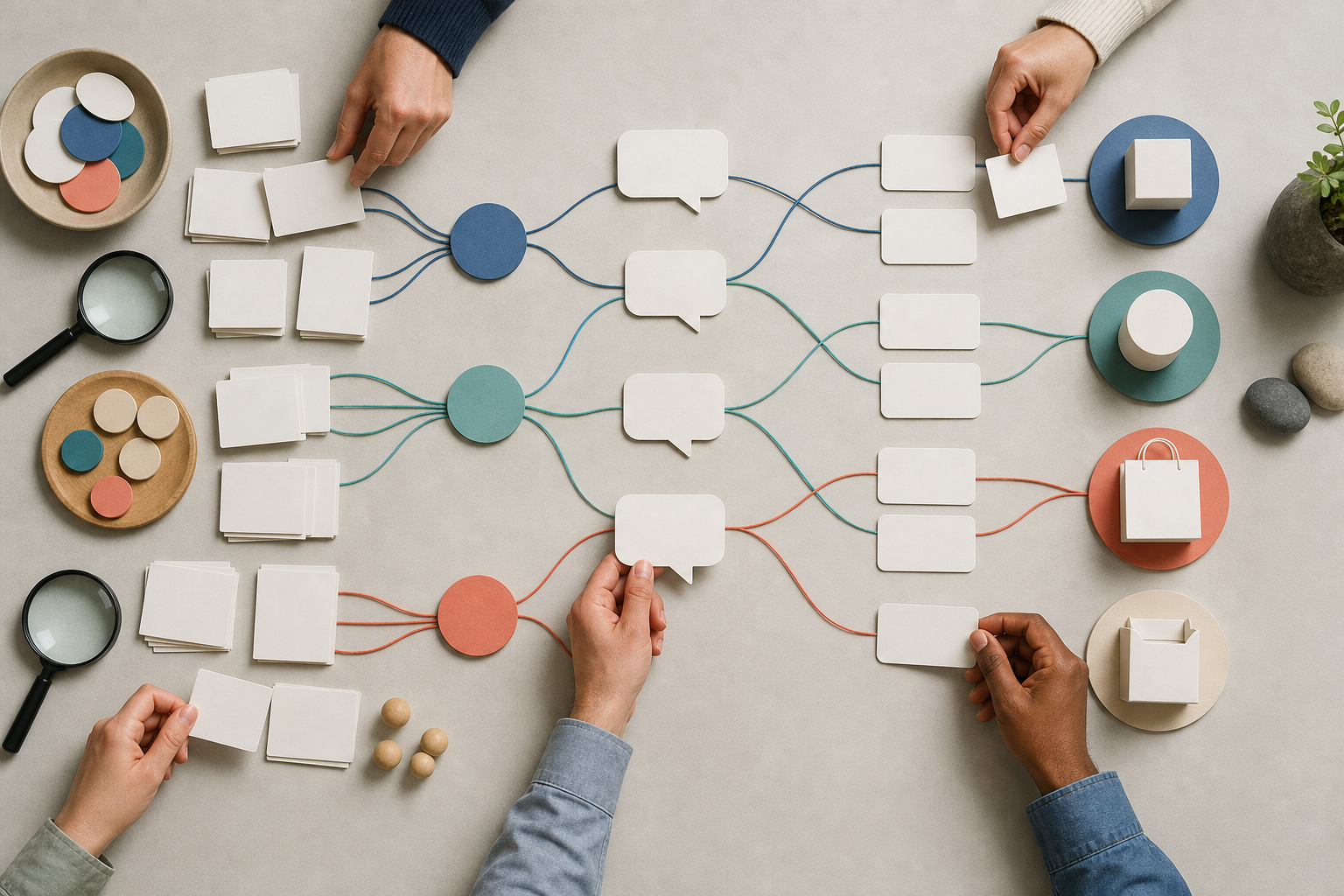 Hands arrange blank cards, query bubbles, lenses, and decision tokens into connected paths on a worktable.