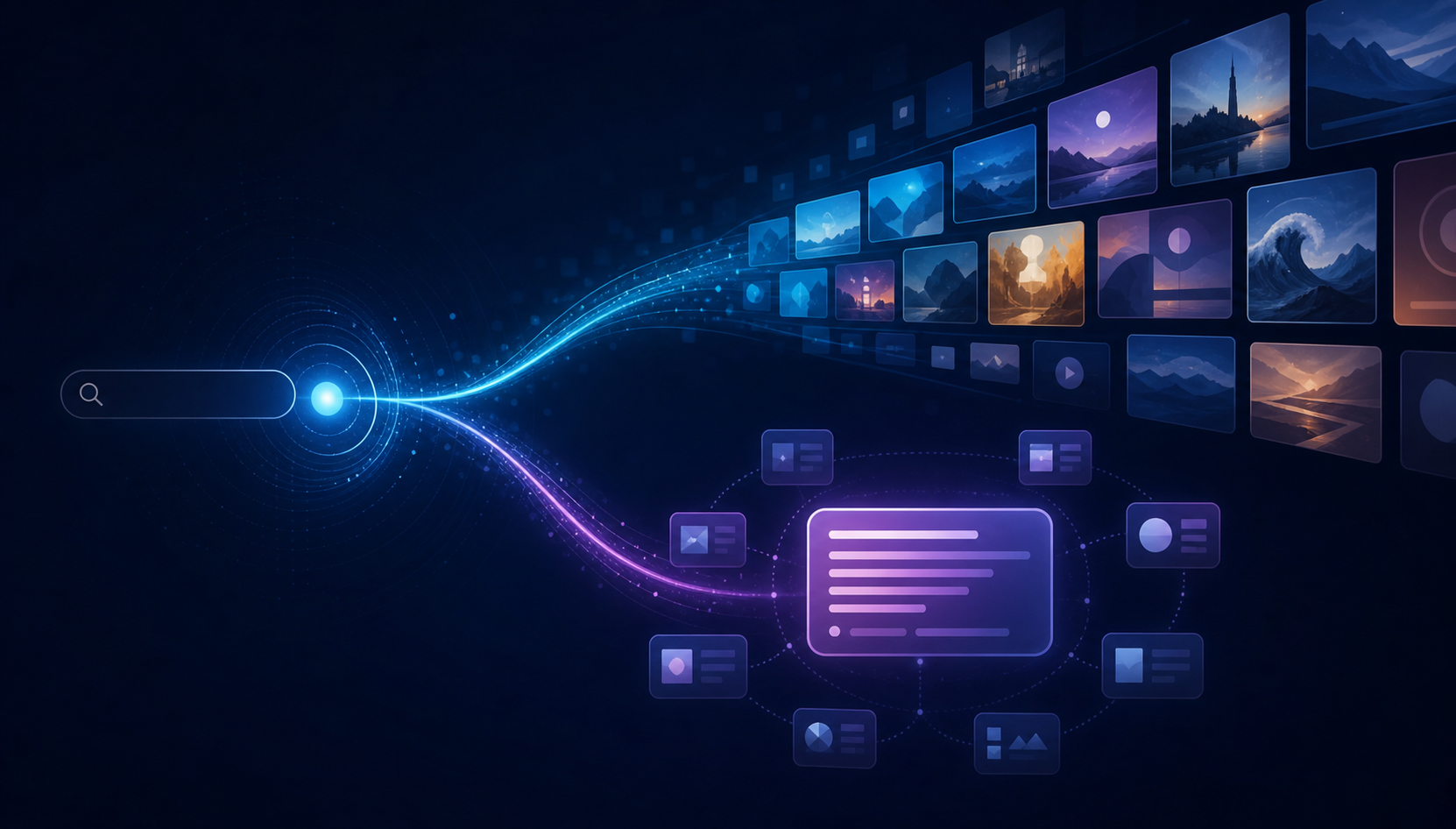 A glowing point branches into a personalized content stream and an AI answer surrounded by source tiles.