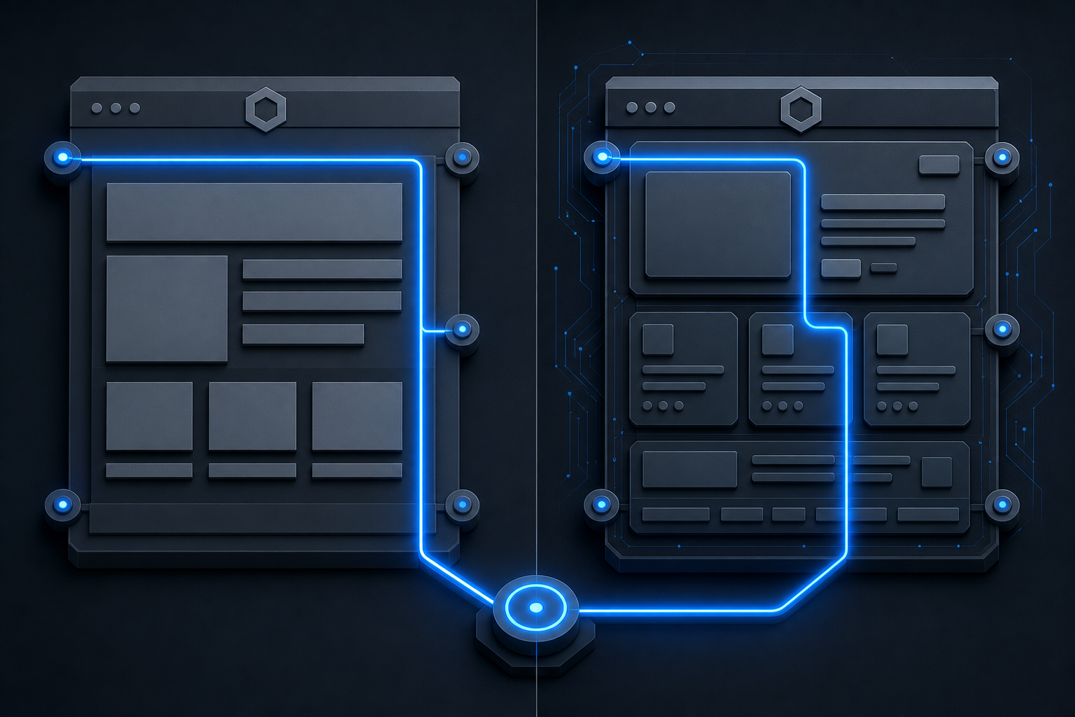 Side-by-side abstract versions of an original and rendered web page following matching blue routes to the same destination node.