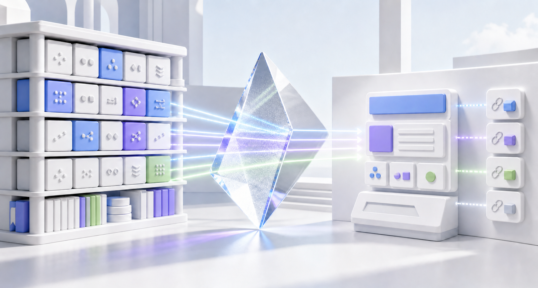Organized information blocks pass through a transparent prism and assemble into an answer beside source-link shapes.