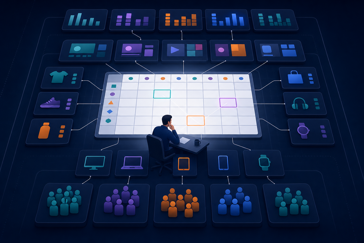 An analyst studies an abstract campaign reporting grid while visual pathways connect selected cells to surrounding channel, placement, product, device, and audience indicators.