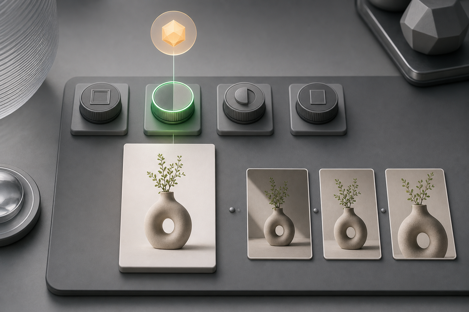A generic product image card with several editing controls, with one highlighted control connected to a single constraint indicator and a short sequence of controlled visual changes nearby.